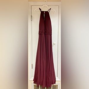 Elegant Bridals bridesmaid’s dress, wine red, pockets, halter style top.